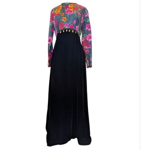 Vintage Bernie Bee bright floral maxi dress W black velvet skirt. Size 14.